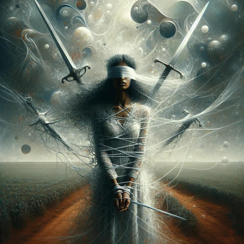 A South Asian woman is entrapped by ethereal, shimmering swords. Though bound, her path is unhindered, as evident by the clear field beyond her. A sheer blindfold obscures her vision, symbolizing the self-imposed mind barriers she confronts. The abstract background, marked by erratic patterns and vague shapes, enhances this motif. The atmosphere communicates a stark struggle, but equally potent is the possibility of liberation and empowerment. Her posture indicates quiet resolve, hinting at an overwhelming potential to break free. The image is emotionally evocative, marrying the themes of struggle and self-empowerment.