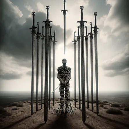 Create an image of a solitary figure standing in a barren landscape, bound with ropes and blindfolded, surrounded by eight towering swords that form a cage-like structure. The sky above is overcast, adding a sense of introspection and entrapment. Despite the constraints, the figure exudes a subtle aura of determination and potential for liberation, symbolizing the internal struggle for freedom. The scene should reflect both classical tarot imagery and a sense of stoic resilience.