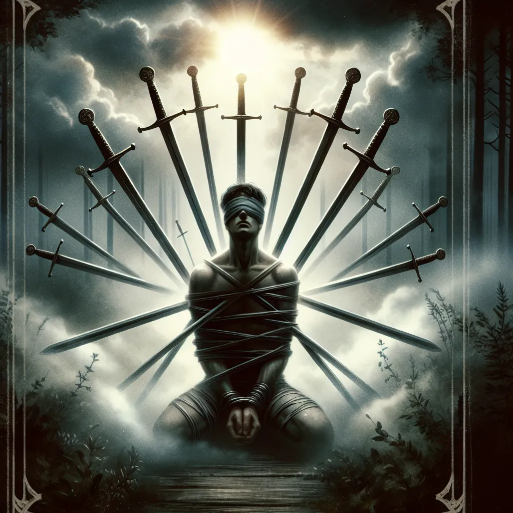 Create an evocative tarot card illustration of the Eight of Swords. In the scene, depict a blindfolded figure bound and surrounded by eight swords. The setting should be a misty, dimly lit forest, adding an atmosphere of introspection and contemplation. The figure should have an expression of deep thought, capturing the classic theme of feeling trapped by circumstances. Surrounding elements like cloudy skies and thin rays of sunlight breaking through the mist should symbolize the potential for clarity and new perspectives. Capture a sense of both confinement and the possibility for freedom.