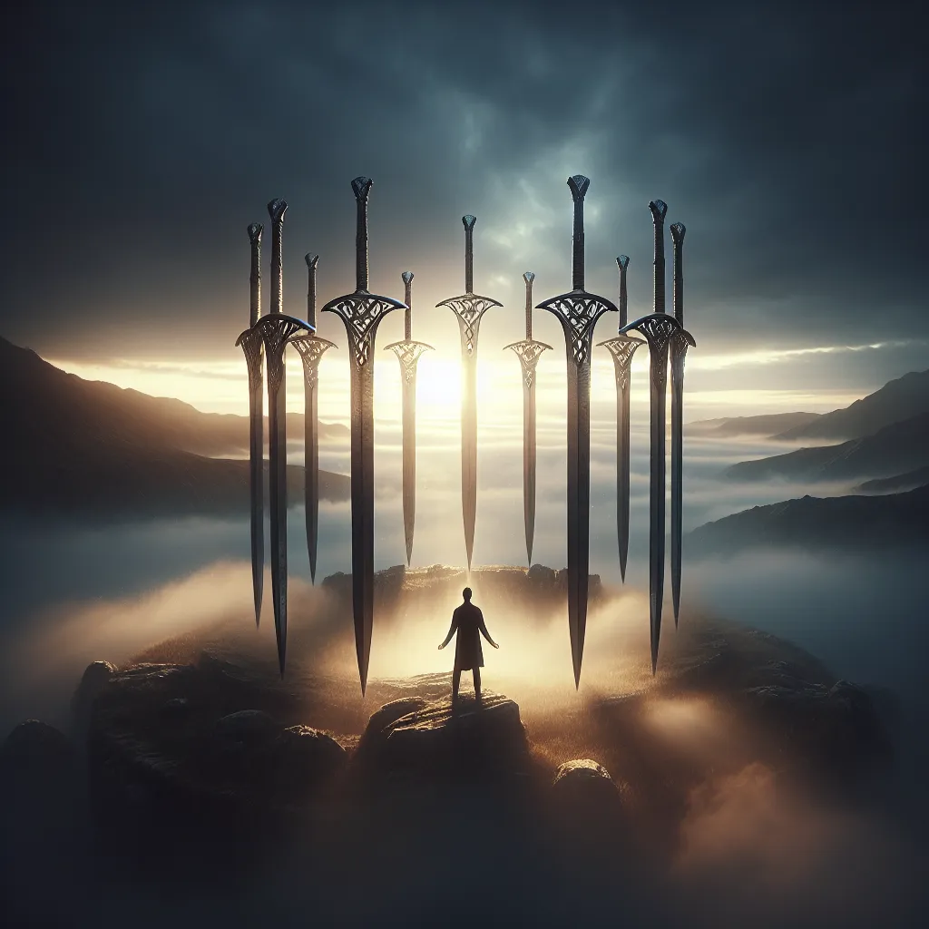 Create an image of a figure standing in a dark, misty landscape, blindfolded and gently surrounded by eight towering swords forming a circle. The swords appear as shimmering, ancient relics with intricate designs. Morning sunlight begins to break through the clouds, casting a hopeful glow. The figure stands with a calm expression, as if contemplating the limitless possibilities beyond the swords. The scene should convey both a sense of entrapment and the dawn of newfound freedom.