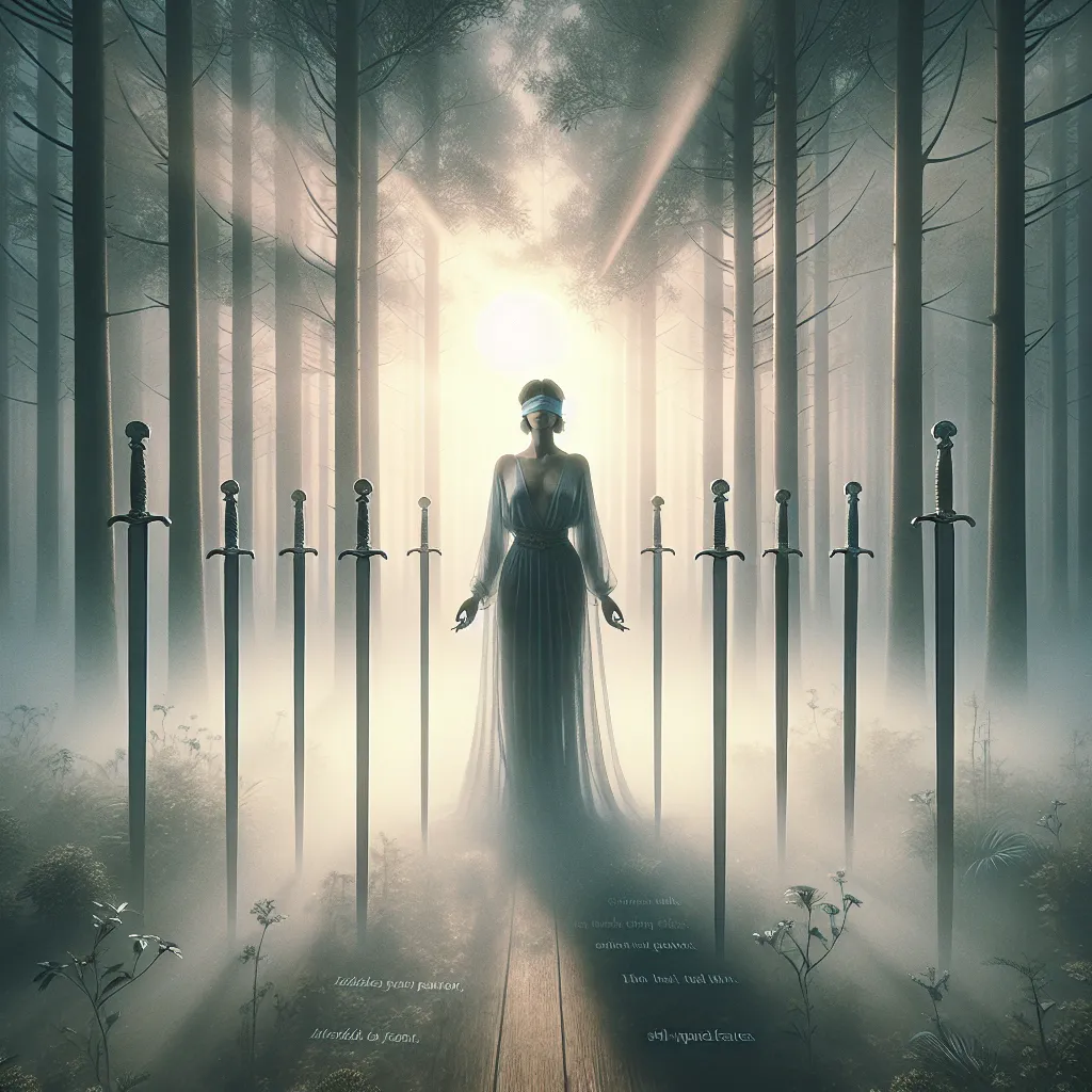 Create an image depicting the Eight of Swords in a mystical, tarot card setting. A blindfolded figure stands gracefully, surrounded by eight imposing swords planted in the ground, symbolizing limitation and entrapment. The figure is in the center of a misty forest at dawn, with soft rays of light attempting to break through the dense canopy, hinting at hope and clarity. Around the scene, faint, ghostly quotes about overcoming fear and self-imposed barriers can be seen swirling in the mist, inspired by stoic philosophy with a calming and ethereal atmosphere.