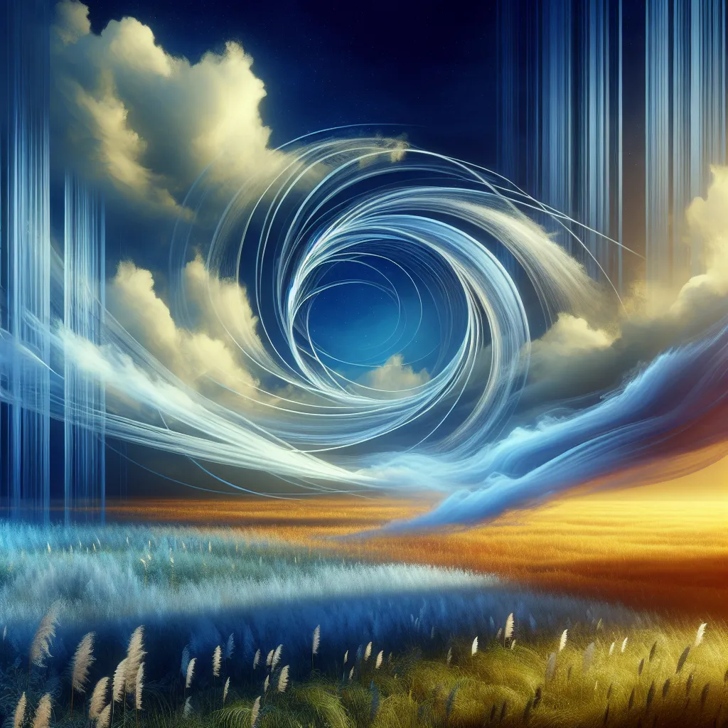 Imagine a dynamic scene of a strong wind blowing against eight wands or rods. These rods are depicted hovering gracefully through an open azure sky, reflecting enormous energy and dynamic movement. Despite the swift and forceful aerial spectacle, the ground remains serene; it's a peaceful meadow awash in the golden light of daybreak. This dichotomy between the ground and the sky mirrors the balance between change and serenity. The ground stands for the present moment, indicating tranquility and calmness despite the quick and eventful sky changes.