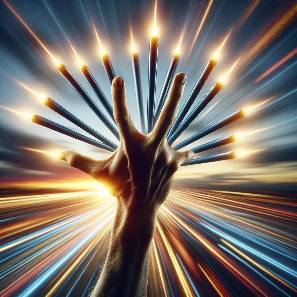 Depict a hand of unspecified skin tone stretched outwards, in a position that exhibits authority. The hand is uniquely holding eight differently-sized rods, each one illuminating at the top. The rods are directed towards the sky, which displays an arresting sunset slowly fading away. The sky is aglow with motion blur, indicating quick motion and forward advancement. The image should evoke a sensation of kinetic power and brisk advancement.