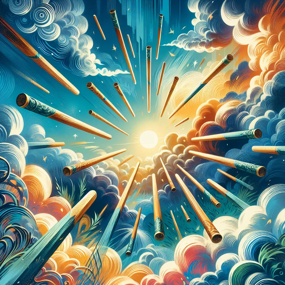 Create a dynamic and mystical hero image depicting the tarot card Eight of Wands. Visualize eight wooden wands flying through the air amidst a vibrant and colorful sky, symbolizing rapid movement and progress. Include elements of nature, such as clouds and gusts of wind, to convey swift motion. The overall color palette should be energetic and full of vitality, with shades of blue, orange, and green. The image should evoke a sense of excitement and forward momentum, while maintaining an air of mystery and possibility.