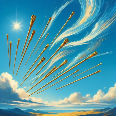 An artistic portrayal of the Eight of Wands tarot card. Depict eight wooden wands flying swiftly through a clear blue sky, symbolizing speed and progress. The wands should be arranged dynamically, showing momentum and direction, with a bright landscape below suggesting harmony and opportunity. The scene evokes a sense of energy and forward movement, capturing the essence of rapid change and action in a mystical and dreamlike style.