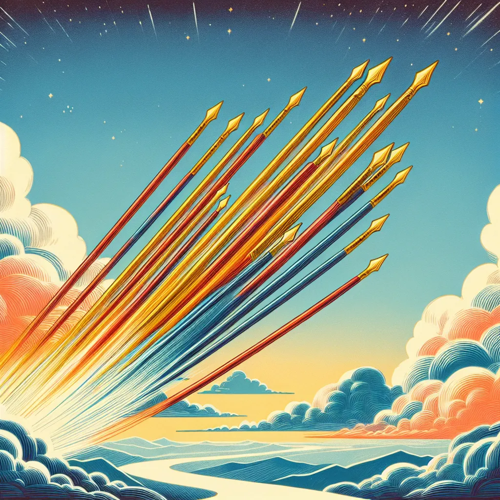 Create an image illustrating the Eight of Wands tarot card. Depict eight wands, soaring swiftly across a clear sky with a dynamic sense of motion, symbolizing acceleration and momentum. Incorporate vibrant colors suggestive of energy and enthusiasm, while maintaining the classic tarot card aesthetic. Include elements of nature such as a few scattered clouds or a distant horizon to evoke a sense of journey and the unfolding path. Ensure the composition conveys a sense of rapid progress and positive change.