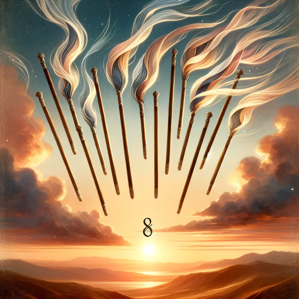 Create a mystical and dynamic scene capturing the essence of the Eight of Wands tarot card. Illustrate eight wooden wands soaring swiftly against a sunset sky, symbolizing rapid movement and progress. The setting is an open landscape with rolling hills in the background, and wands are imbued with a subtle, ethereal glow. Incorporate elements like a gentle breeze and a sense of urgency, highlighting the concept of swift change and momentum found in the Eight of Wands.
