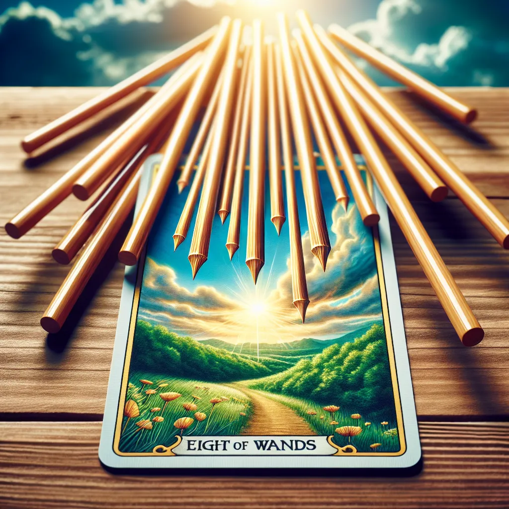 Create an image of the Eight of Wands tarot card featuring eight wooden wands flying through a clear, blue sky. The scene is vibrant and dynamic, symbolizing speed and momentum. In the background, a lush green landscape can be seen, highlighting the grounded yet fleeting nature of the wands' trajectory. The overall ambiance should evoke a sense of excitement and potential, capturing the essence of swift movement and progress.