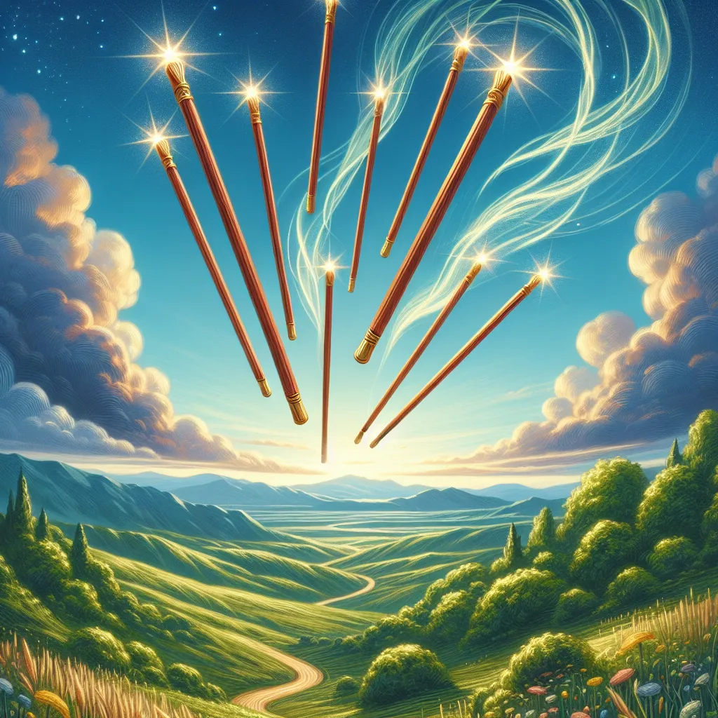 Create a mystical tarot card scene depicting the Eight of Wands. Illustrate eight wooden wands soaring through the sky in a swift, harmonious motion, against a backdrop of lush, rolling hills under a vibrant, clear blue sky. The wands should appear in mid-flight, symbolizing rapid progress and momentum. Include subtle hints of magic, like glowing trails following the wands, to enhance the sense of power and speed. The scene should evoke a sense of urgency, transformation, and positive movement, alluding to the energy of freedom and progress.