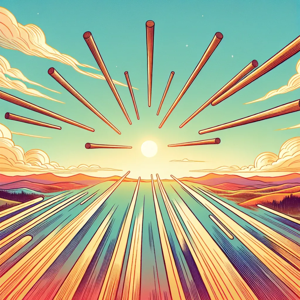 Create an illustration of the Eight of Wands from tarot, showcasing a series of eight wooden wands flying swiftly through a bright and clear sky. The horizon is wide open, suggesting freedom and momentum. In the background, a serene landscape with distant hills and a gentle sunrise captures a sense of early morning vitality and potential. The colors should be vibrant, evoking feelings of rapid movement and focused energy.
