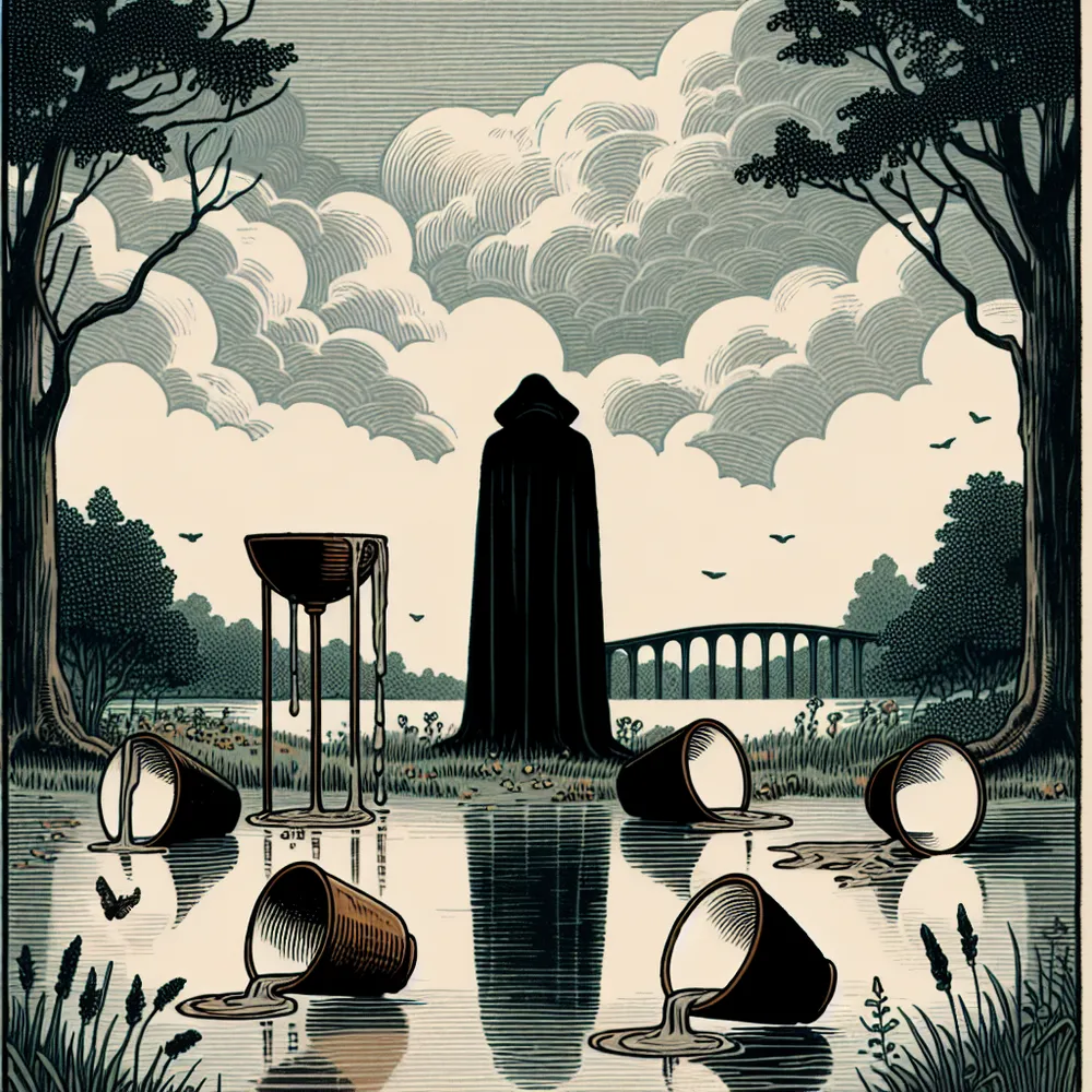 Create an illustration of the Five of Cups tarot card. The scene features a solitary figure cloaked in black, standing by a tranquil river under a cloudy sky, symbolizing melancholy and reflection. In the foreground, three cups are overturned, spilling their contents onto the grass, signifying loss. Behind the figure, two upright cups stand intact, hinting at hope and potential. The background depicts a tranquil bridge crossing the river, representing the journey from grief to acceptance. The overall mood is somber yet subtly hopeful, capturing the essence of focusing beyond present disappointments.