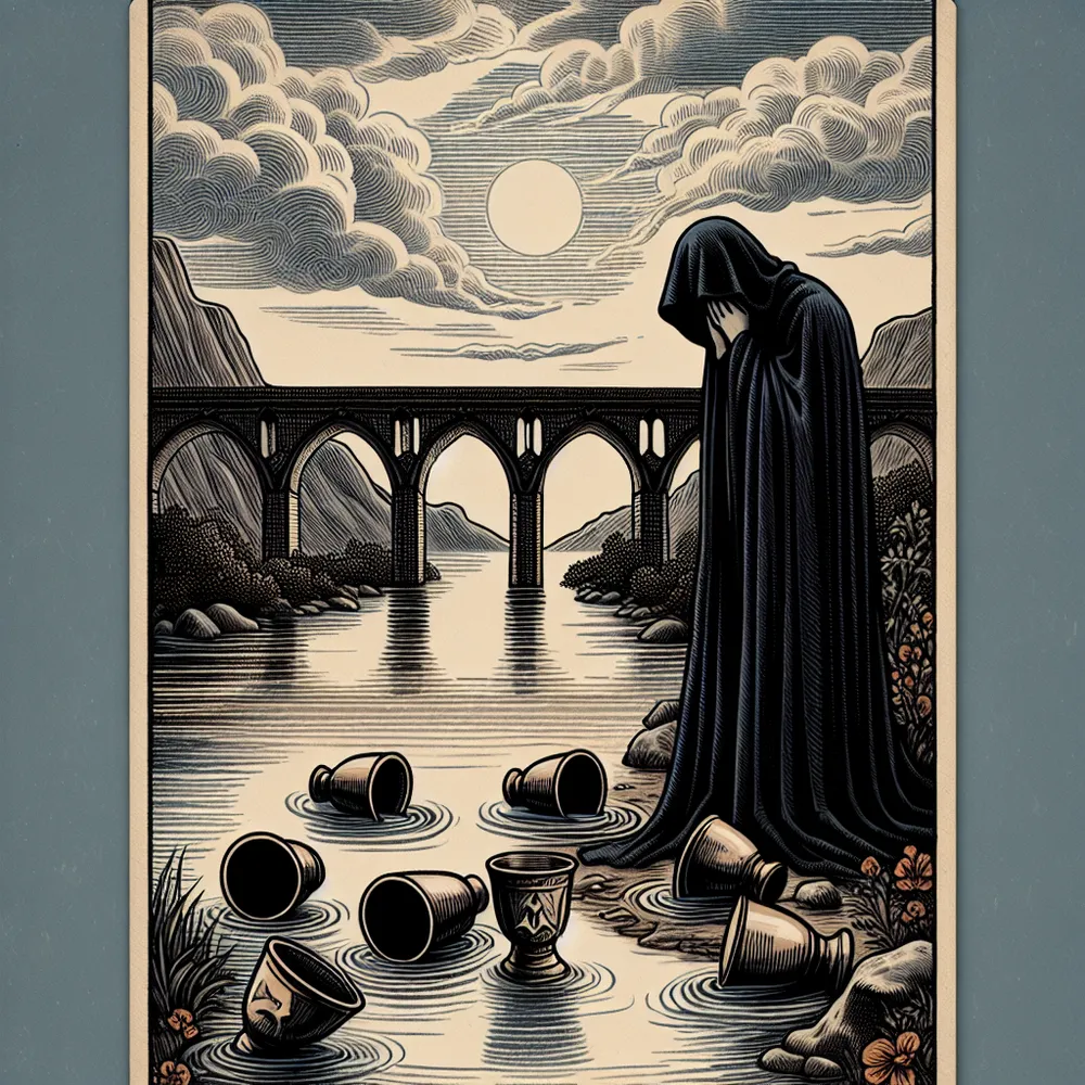 Create an illustration of the Five of Cups tarot card. Show a sorrowful figure standing beside a river, shrouded in a dark cloak, with three cups overturned in front of them. In the background, depict two cups still upright, symbolizing hope and potential. The landscape should be somber yet serene, with an old stone bridge spanning the river. Include a cloudy sky, suggesting introspection and emotional depth.