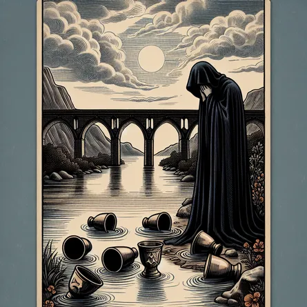 Create an illustration of the Five of Cups tarot card. Show a sorrowful figure standing beside a river, shrouded in a dark cloak, with three cups overturned in front of them. In the background, depict two cups still upright, symbolizing hope and potential. The landscape should be somber yet serene, with an old stone bridge spanning the river. Include a cloudy sky, suggesting introspection and emotional depth.