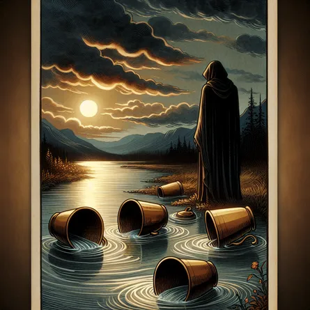 Create a detailed illustration of the Five of Cups tarot card. The scene should depict a somber figure in dark robes standing by a flowing river, focusing on three overturned cups on the ground, which symbolize loss and regret. In the background, depict a subtle yet hopeful landscape with two upright cups representing remaining possibilities. Include atmospheric lighting that casts gentle shadows, highlighting the dual themes of sorrow and hope. Use rich, earthy tones primarily, with a hint of brightness near the upright cups to signify new beginnings.