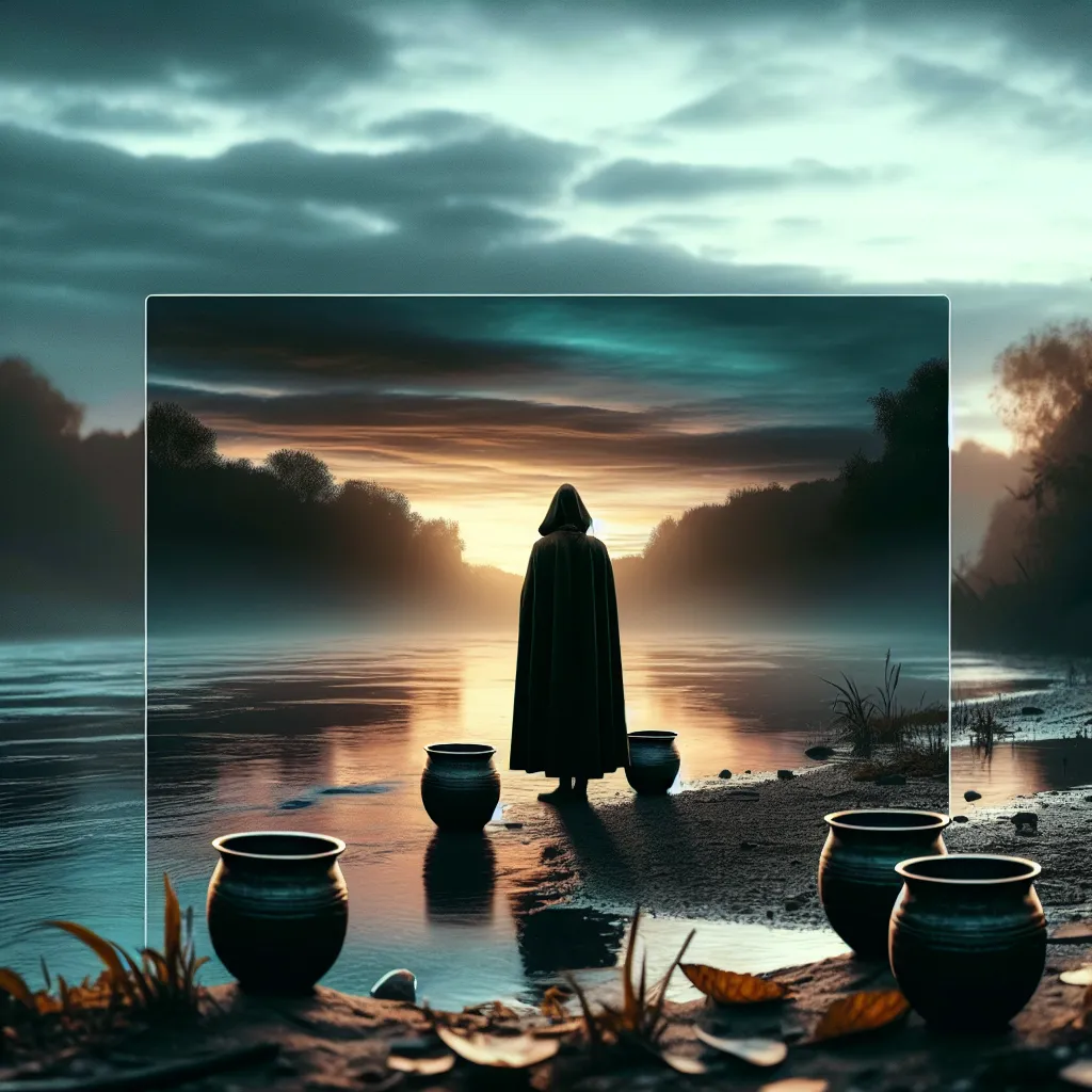 Create an image of a lone figure in a dark cloak standing at a riverside during twilight. Three cups are spilled at their feet, while two cups remain upright behind them. The figure gazes sorrowfully over the water, with a backdrop of a gently glowing horizon, symbolizing hope and new beginnings. Capturing the somber mood of reflection and potential for gratitude, integrate elements of nature like fallen leaves, with muted, soft colors to emphasize introspection and change.