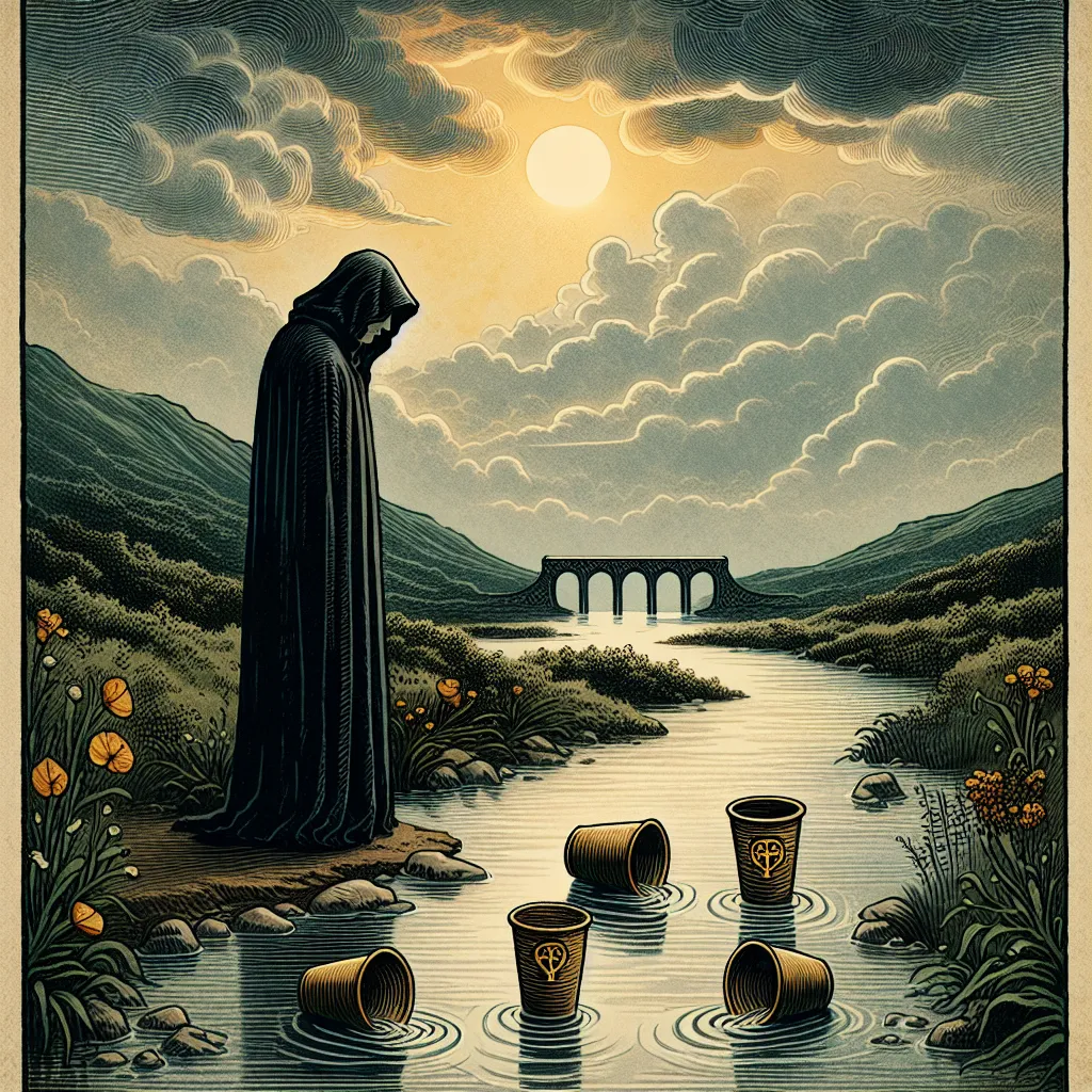 Create a digital artwork of the Five of Cups tarot card. Illustrate a solitary figure in a dark cloak standing beside a flowing river, looking mournfully at three spilled cups on the ground. Behind the figure, two cups remain upright, symbolizing hope and what remains unspoiled. The scene is set under a cloudy sky, reflecting a sense of loss and introspection. Include elements of nature such as distant hills and a small bridge in the background to convey the transition and journey to acceptance and change.