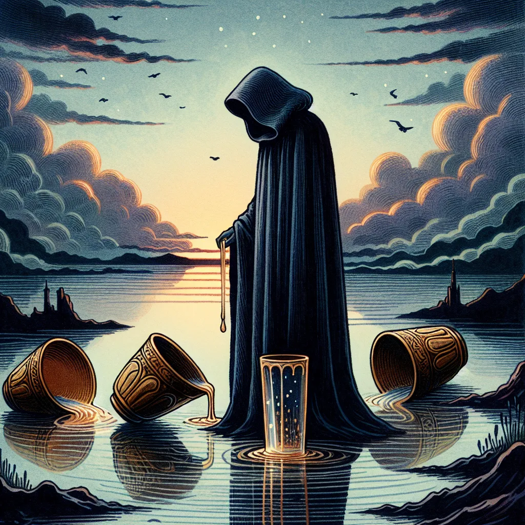 An evocative tarot card illustration of the Five of Cups. A cloaked figure stands in a somber landscape, their head bowed as they focus on three overturned cups spilling liquid onto the ground. Behind them, two upright cups symbolize what remains and potential hope. The background features a dimly lit sky, reflecting clouds, and a distant river flowing towards a more vibrant horizon. The scene conveys themes of mourning, introspection, and the transition from loss to acceptance while instilling a sense of resilient beauty.