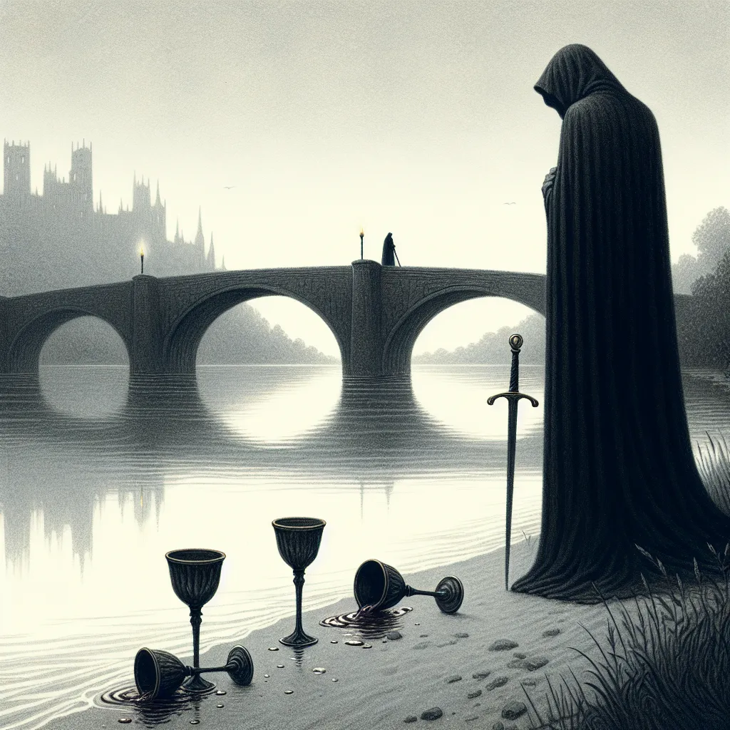 Create an illustration of a solitary figure cloaked in black standing beside a riverbank, gazing mournfully at three spilled wine cups on the ground. In the background, a bridge arches over the river leading to a distant castle shrouded in gentle mist. Two upright cups stand unnoticed behind the figure, symbolizing hidden opportunities. The scene should evoke a sense of introspection and potential for renewal, capturing the duality of loss and hope under a soft, overcast sky.