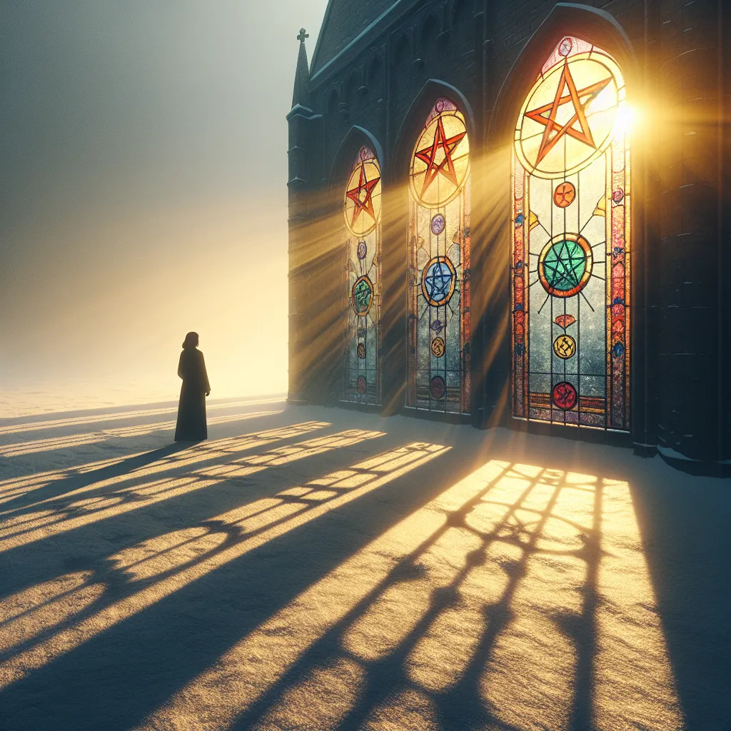Imagine a winter scene with a cathedral-like edifice. A prominent stained glass window displays five pentacles, glowing from the rising sun's golden rays behind it. Long shadows are cast by the morning light, filling the scenery with dramatic contrasts. A single individual, an anonymous figure of East Asian descent and female gender, stands alone by the window. She personifies enduring trials and feeling of omission, looking out toward the sun, a symbol for hope and an open mind for transformation.