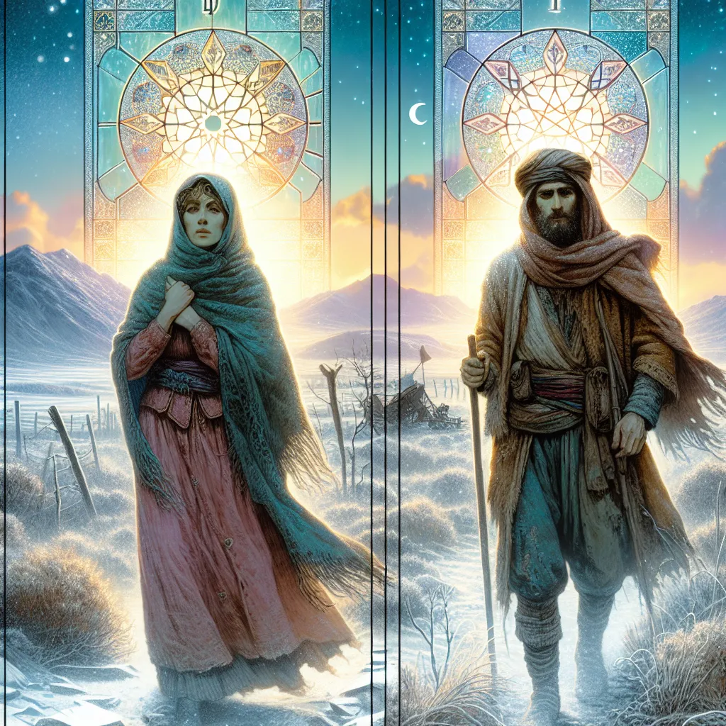 Create a vivid image adhering to the theme of the Five of Pentacles tarot card. It should depict two individuals, one a Caucasian woman and the other a Middle-Eastern man, both in worn-out attire, wandering in a frosty landscape. In the background, they should be bypassing a luminous stained-glass window. The portrayal of the figures and their surroundings should emit feelings of hardship, whilst simultaneously hinting towards potential optimism or evolution. Enhance the image with stoic and mystical symbols mirroring the overarching subject of the card.