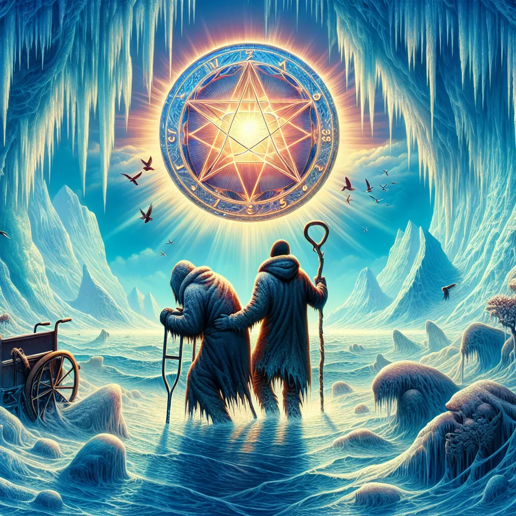 A vivid and symbolic image of two cloaked figures trudging through a frosty landscape encompassed by a glacial winter facade under a radiant, luminous pentacle. The shimmering pentacle quintessentially embodies the spirit of tenacity glowing in the backdrop of hardship. One figure, of Caucasian descent and female, leans on a sturdy crutch reflecting their relentless struggle, while the other figure, an Asian male, optimistically looks up at the pentacle. The latter embodies an inspired portrayal of unwavering courage and burgeoning hope amidst hardship.