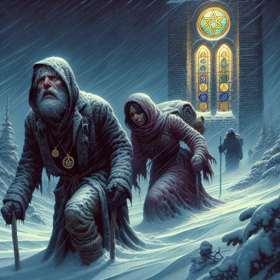 Create an image with a brisk winter scene under a darkened night sky. Two weary individuals in frayed attire trek laboriously through the deepening snow. Our eyes track a male figure of Hispanic descent, and a female figure of Middle-Eastern descent, their faces strained with hardship but equally emitting a determined resilience. A stained-glass window visible in the distant background punctuates the night gloom, its warm light giving off an inviting feeling. Adorned on the glass are pentacle symbols, an emblem of economic hardship and hope. Though the atmosphere is fraught with adversity and exclusion, there's a palpable sense of resolve and an enticing hint at the possibility of sanctuary.