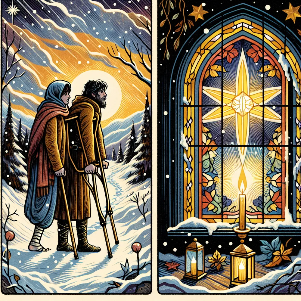 Create an image of the Five of Pentacles tarot card. Show two figures, one leaning on crutches and another with a shawl, walking through a snowy landscape outside a stained glass window. The window emits a warm glow, symbolizing hope and solace amidst adversity. The figures should portray a sense of struggle, yet also resilience and companionship. Use rich, contrasting colors to emphasize the cold environment and the inviting warmth from the window. Incorporate classic tarot symbolism to capture the essence of seeking strength and unity in challenging times.