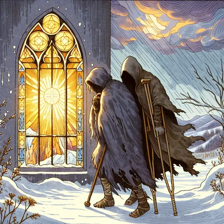 Create an illustration of the Five of Pentacles tarot card. Depict two figures walking through a snowy landscape, one figure on crutches and the other wrapped in a tattered cloak. They are passing by a stained glass window glowing warmly, symbolizing hope and refuge. The scene conveys a feeling of hardship yet hints at resilience and the potential for sanctuary. The colors should be muted, emphasizing the cold but with a touch of warmth emanating from the window.
