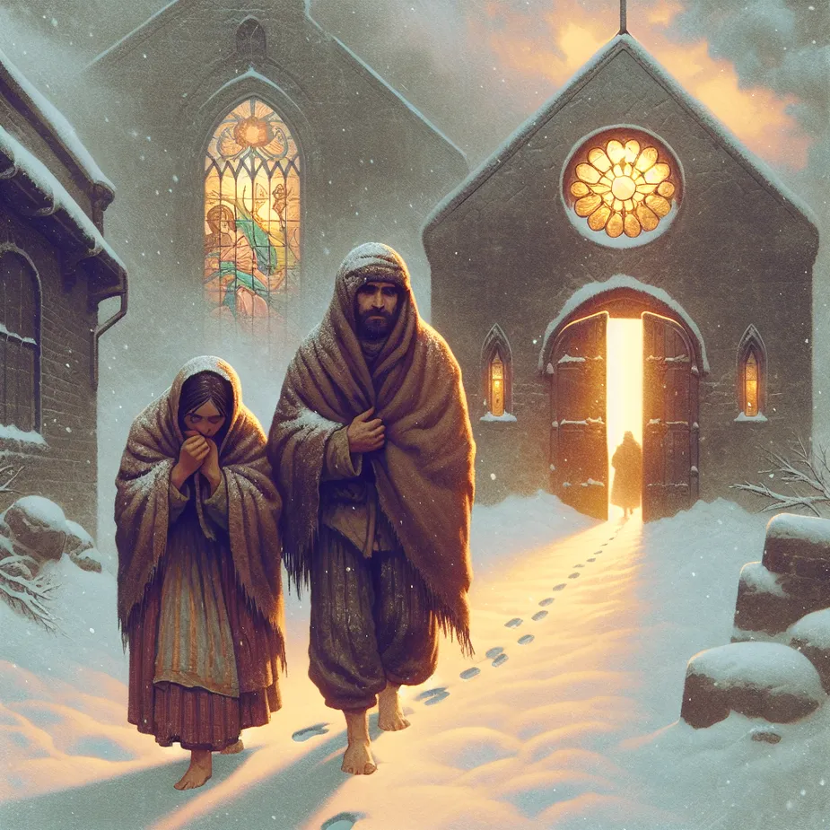 Create an atmospheric, wintery scene illustrating the Five of Pentacles tarot card. Depict a Middle-Eastern man and a Hispanic woman walking barefoot through snow, huddled in thin, worn clothing, exuding a sense of cold and hardship. In the background, show a warm, inviting light emanating from a stained-glass window of a church, symbolizing hope and refuge. Use muted colors to portray the hardship and a gentle glow for the light in the window, capturing both struggle and the promise of sanctuary.