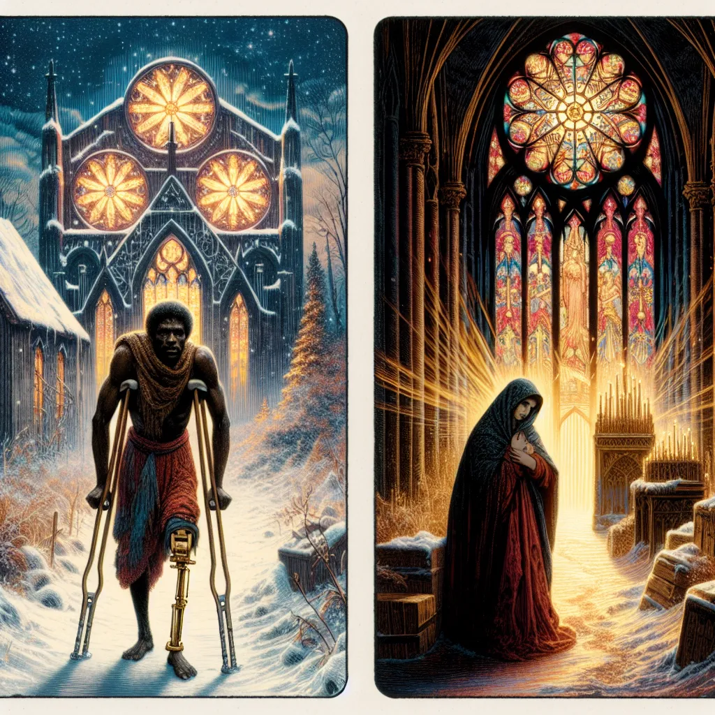 Generate an image of the Five of Pentacles tarot card with an ethereal, mystical, and classical ambiance. Visualize two weary figures, one African male on crutches and one Caucasian female, both looking destitute, traversing through a snow-covered landscape. This scene reflects their struggle and isolation. In the backdrop, a splendid stained-glass window of a warmly illuminated church in Gothic architecture emanates a comforting radiance, symbolizing hope and sanctuary amidst the stark cold. This contrast paints a vivid picture of struggle balanced with resilience and a flicker of potential recovery.