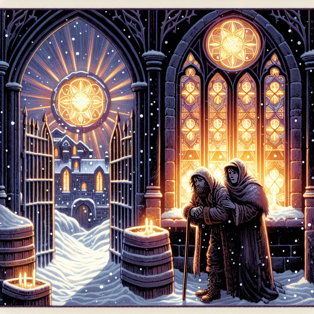 Depict the Five of Pentacles from the tarot, featuring a snowy, wintry scene outside a gothic-style church. Two figures are huddled together, looking weary and destitute, one with a crutch, outside a stained glass window emitting a warm glow. The window should feature five pentacles in its design. The overall atmosphere should convey hardship yet promise of hope from the warm light within.
