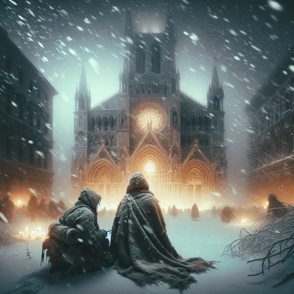 Create an evocative image of two figures in a snowy, desolate landscape outside a grand, illuminated cathedral. The figures are cloaked in tattered clothing, suggesting hardship and adversity. Surround them with swirling snowflakes, emphasizing isolation yet with the warm glow from the cathedral hinting at hope and sanctuary within. Capture the mood of struggle, resilience, and the faint promise of solace.