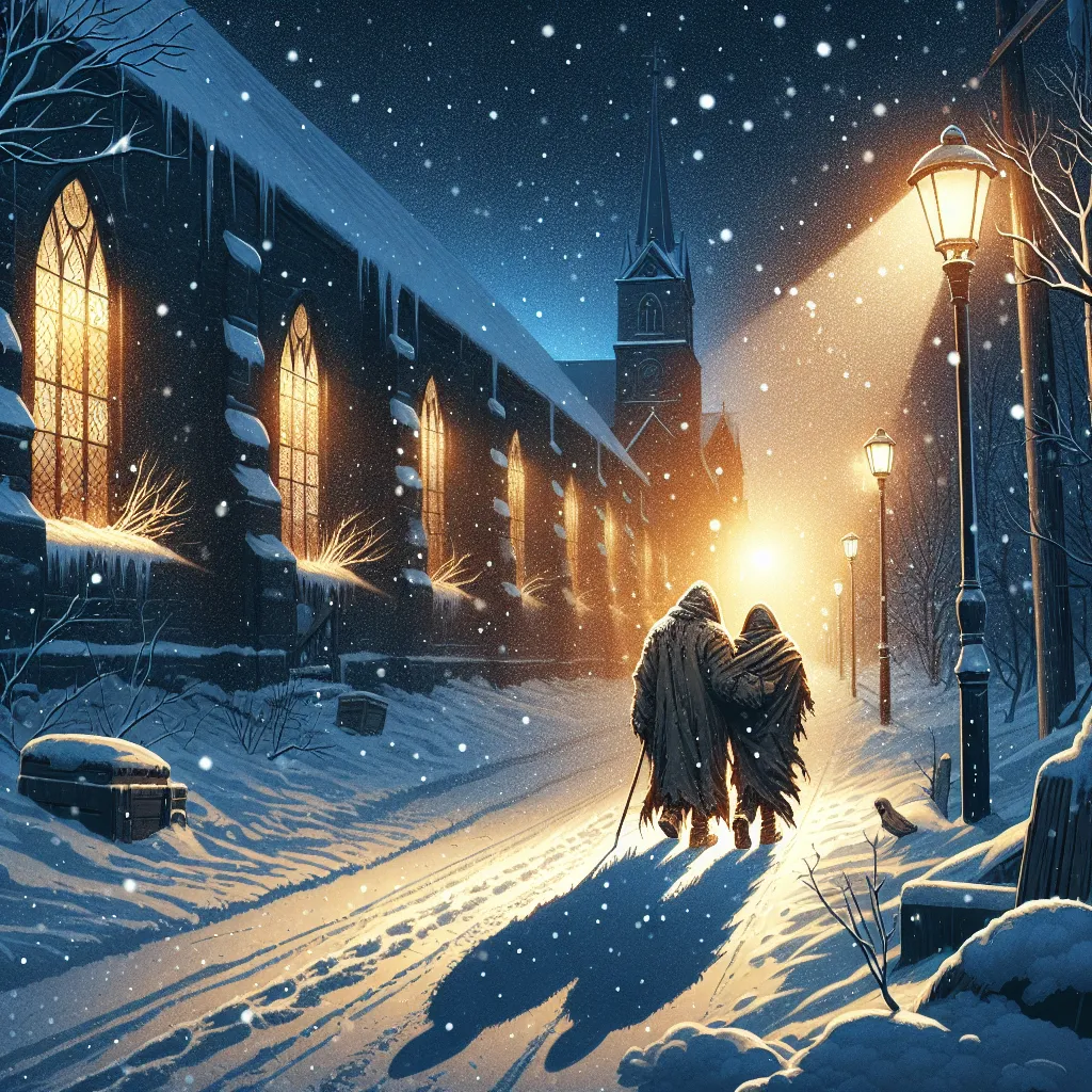 Create a digital illustration depicting a winter scene where two figures, wrapped in tattered clothing, wander through a snowy, desolate street at night. They appear weary but are illuminated by a warm, glowing light coming from a nearby window of a church, symbolizing hope amidst adversity. The background includes falling snowflakes and dimly lit street lamps, casting long shadows on the snow-covered path, portraying a sense of both hardship and the potential for refuge.