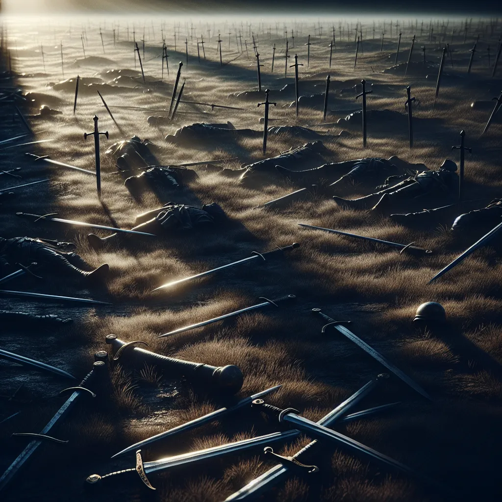 A depiction of a battlefield as the dawn breaks. Scattered all around the field are discarded swords, each marked with the roman numeral 'V'. The swords are strewn haphazardly, clearly left behind in the aftermath of a fierce conflict. The first light of day casts long, dramatic shadows across this scene of past strife, casting a stark emphasis on the remnants of war.