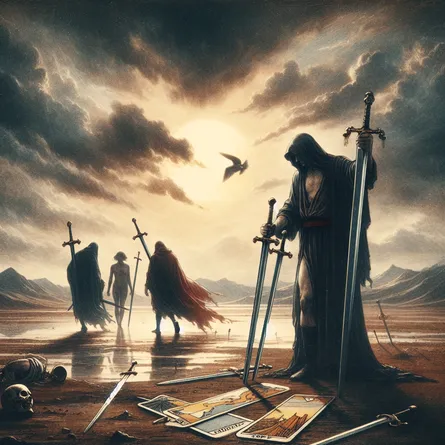 Create an image of the Five of Swords, depicting a dramatic conflict scene. Show a lone figure holding three swords, with two other figures walking away dejectedly, leaving two swords on the ground. Capture the tension and unease in the atmosphere with a stormy sky in the background. Include elements of classical tarot imagery, such as a barren landscape and distant mountains, portraying the victors and the vanquished in a timeless struggle.
