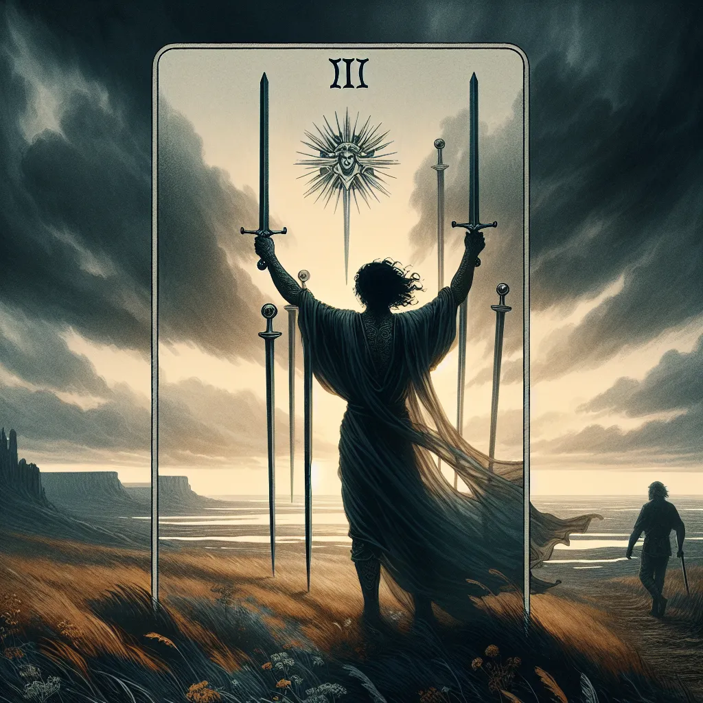 Create a dramatic and evocative scene inspired by the tarot card 'Five of Swords'. The image features a central figure holding three swords triumphantly, casting a shadow over a landscape marked by conflict. In the background, two figures walk away, appearing defeated and dejected. The sky transitions from stormy clouds to a clearing, symbolizing the aftermath of a struggle. The overall atmosphere should convey tension, moral reflection, and the cost of hollow victories. Use a muted color palette to enhance the sense of somber introspection inherent in the card's meaning.