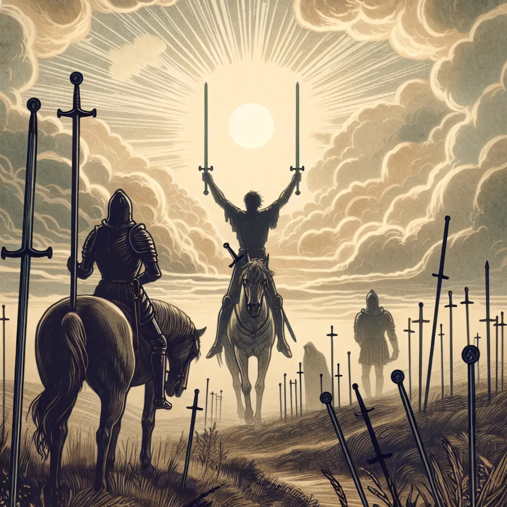 Create an image depicting the classical tarot card 'Five of Swords.' The scene shows a lone figure standing triumphantly as he holds three swords, while two defeated figures walk away in the background towards a cloudy sky. The setting conveys a sense of conflict and loss, with a dawning sun casting a somber light over the battlefield. Use a muted color palette to highlight the emotional weight of the moment, with details reminiscent of traditional tarot card art.