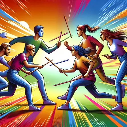 Create a dynamic and colorful illustration featuring five individuals engaged in a lively, yet light-hearted competition with wands. Each person has a distinct personality and expressive posture, symbolizing diverse viewpoints and lively debate. The background is a vibrant outdoor setting suggesting movement and energy, capturing the essence of friendly conflict and spirited rivalry. The scene conveys a sense of playful chaos and the opportunity for growth through engagement.