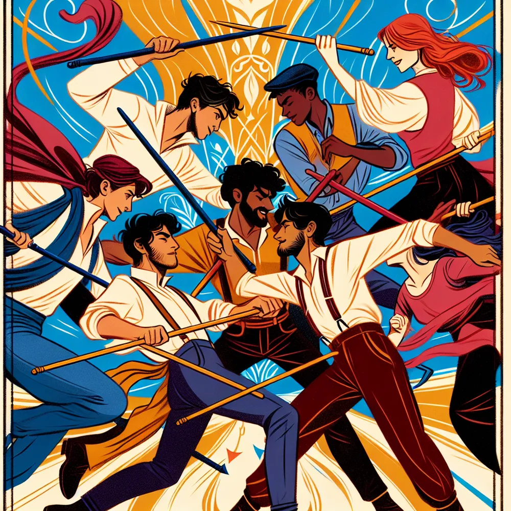 Illustration of the Five of Wands tarot card: A lively scene of five individuals of different descents - Middle-Eastern, Hispanic, Caucasian, Black, and South Asian - engaging in a playful scuffle. Each person, three men and two women, are holding a wand, and they are positioned against a vibrant backdrop that indicates movement and energy. The atmosphere is charged with a sense of friendly competition and determination, reflecting a harmonious mix of conflict and camaraderie. Rendered in a classic tarot card style with a focus on dynamic poses and vibrant colors, capturing the essence of teamwork and skill development.