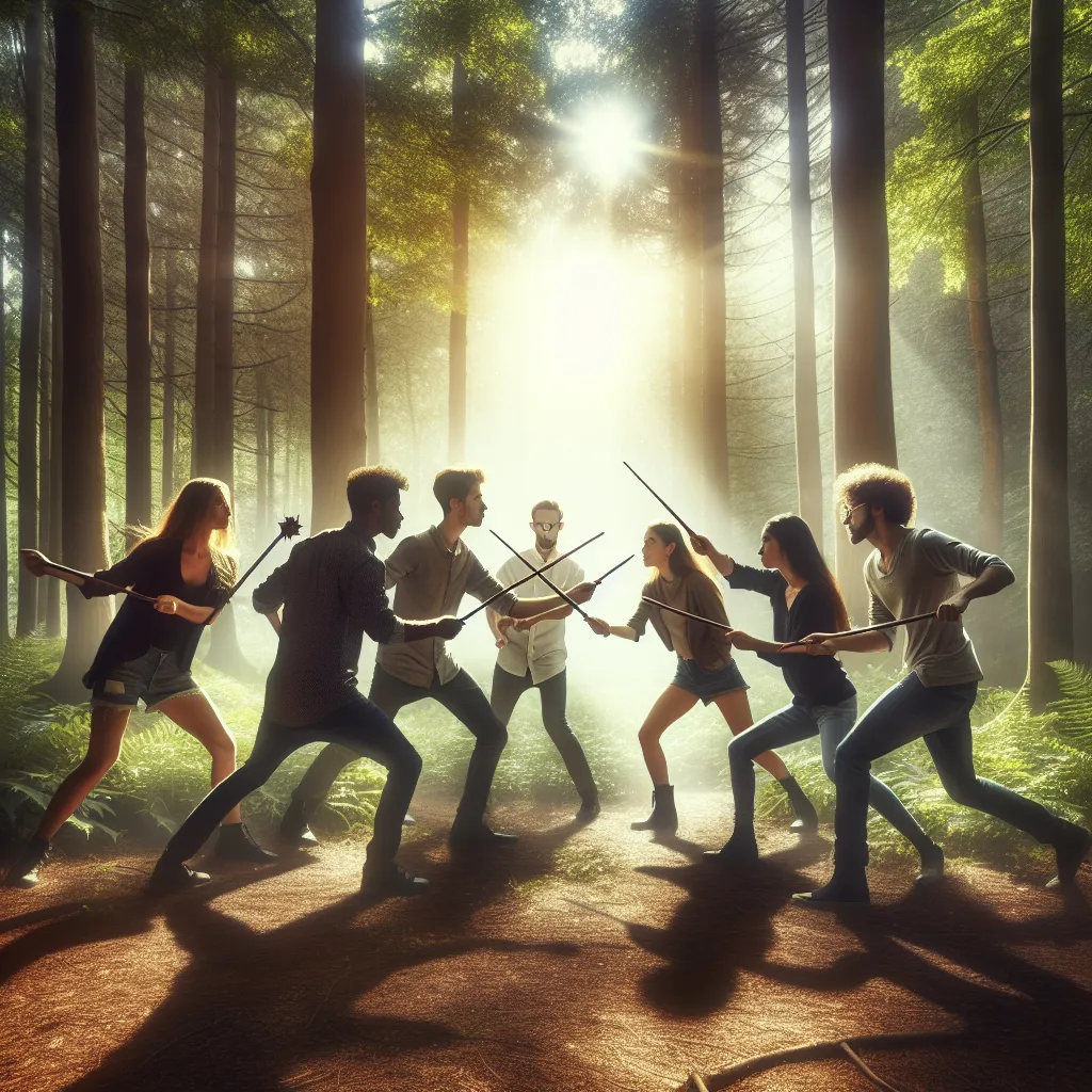 Create an image depicting a dynamic scene of five diverse individuals in a forest clearing, each holding a wand. Their postures display a mix of competitive energy and conflict as they engage with each other in a spirited debate or play. Above, the sun filters through the trees, casting dappled light on the ground. The atmosphere conveys tension but also a sense of lively engagement and youthful determination, encapsulating the spirit of friendly rivalry and challenge.