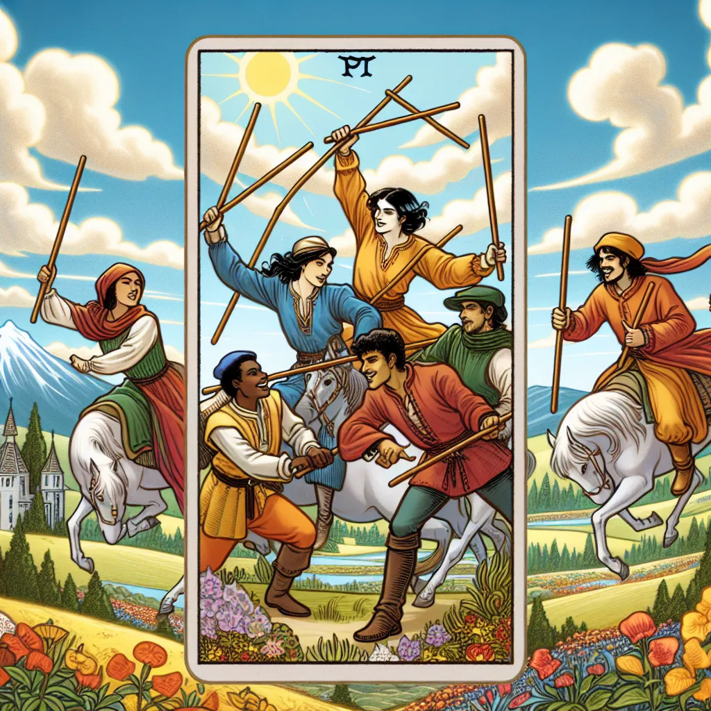 Create an illustration of the Five of Wands tarot card, depicting five individuals of diverse descents such as a Hispanic woman, a Middle-Eastern man, a South Asian woman, a Black man, and a Caucasian man, each holding a wand. They are engaged in a dynamic and playful competition amidst a picturesque, vibrant outdoors setting. They are in medieval attire with a sense of chaos and potential for harmony visible in the scene. The backdrop consists of rolling hills under a bright sky, symbolizing growth and creative solutions that arise from conflict. Make sure this lively and bustling scene captures varied perspectives and the energy of friendly strife.