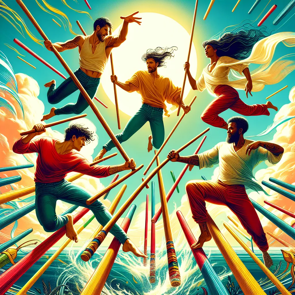 Create a vibrant and dynamic digital illustration of the Five of Wands tarot card. Depict five individuals of mixed descent - Caucasian, Hispanic, Black, Middle-Eastern, and South Asian - energetically wielding wooden staffs, symbolizing competition and conflict. Arrange them in a chaotic yet balanced composition, with an emphasis on motion and tension. The scene should be vivid and colorful, capturing the essence of struggle with contrasting bright hues. Include a backdrop of a clear sky to symbolize potential harmony. Incorporate elements reminiscent of classical tarot imagery such as nature and elemental visuals to enhance the theme of ambition and conflict.