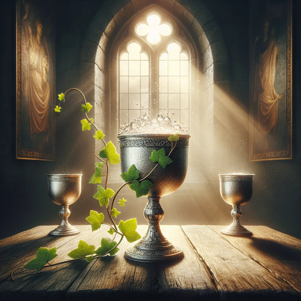 Create an image showcasing a medieval table set in an atmospheric, dimly lite room, with a silver chalice brimming with effervescent water on its surface. Alongside the filled chalice, visualize three additional identical chalices, all void of any liquid. A vibrant green vine gracefully envelopes one of the empty chalices. In the backdrop, feature a slightly ajar window that permits a delicate stream of warm sunlight, casting a serene glow across the room. The overall ambience should evoke a sense of solitude and meditative quiet.
