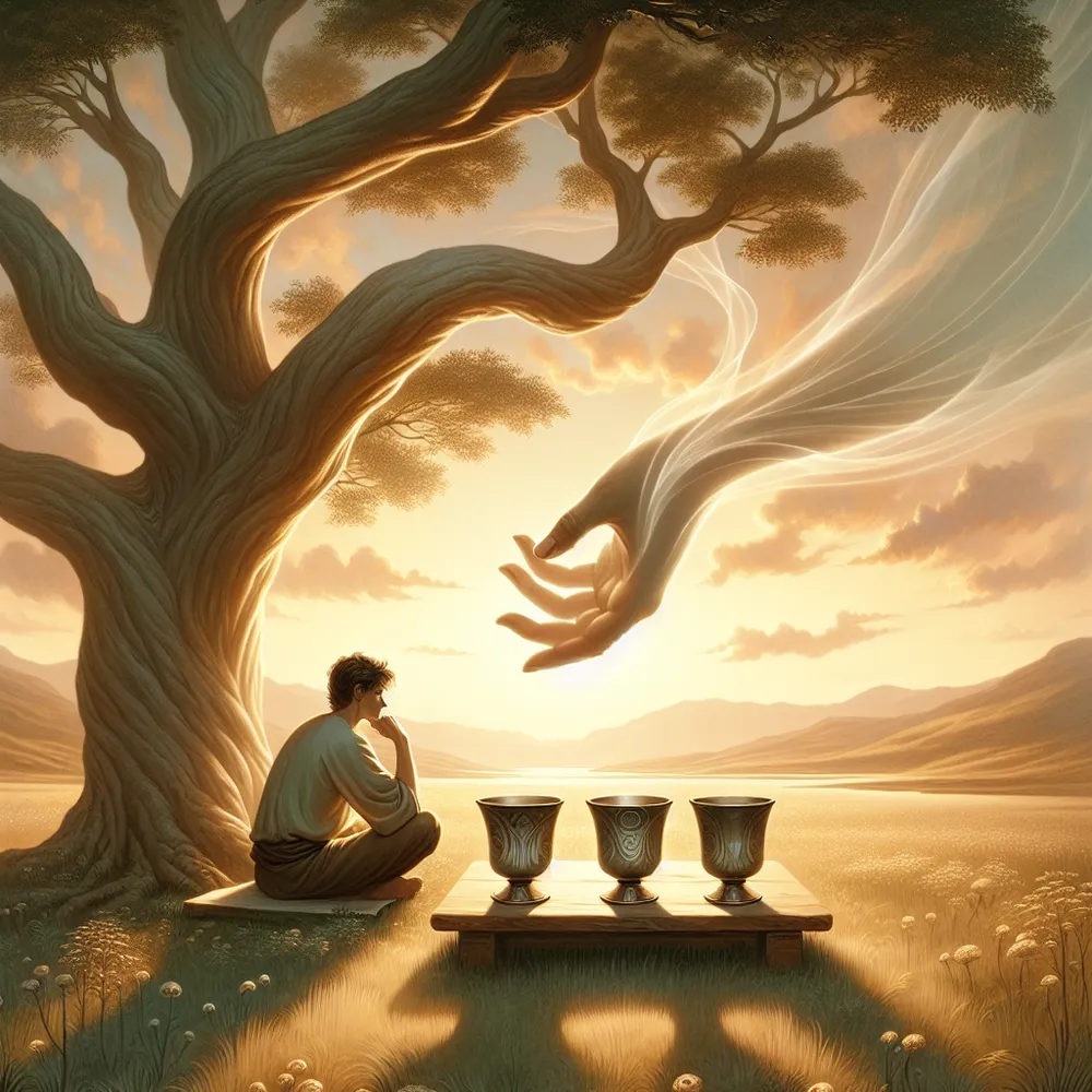 Create an image of a solitary, contemplative figure seated under a sprawling tree in an idyllic meadow, gazing at three cups placed in front of them. A fourth cup is being offered by an ethereal hand emerging from a luminescent cloud. The background is serene, with a gentle landscape under a soft, golden sunset, symbolizing opportunity, introspection, and serenity, similar to classical tarot card art style.