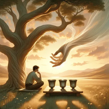 Create an image of a solitary, contemplative figure seated under a sprawling tree in an idyllic meadow, gazing at three cups placed in front of them. A fourth cup is being offered by an ethereal hand emerging from a luminescent cloud. The background is serene, with a gentle landscape under a soft, golden sunset, symbolizing opportunity, introspection, and serenity, similar to classical tarot card art style.