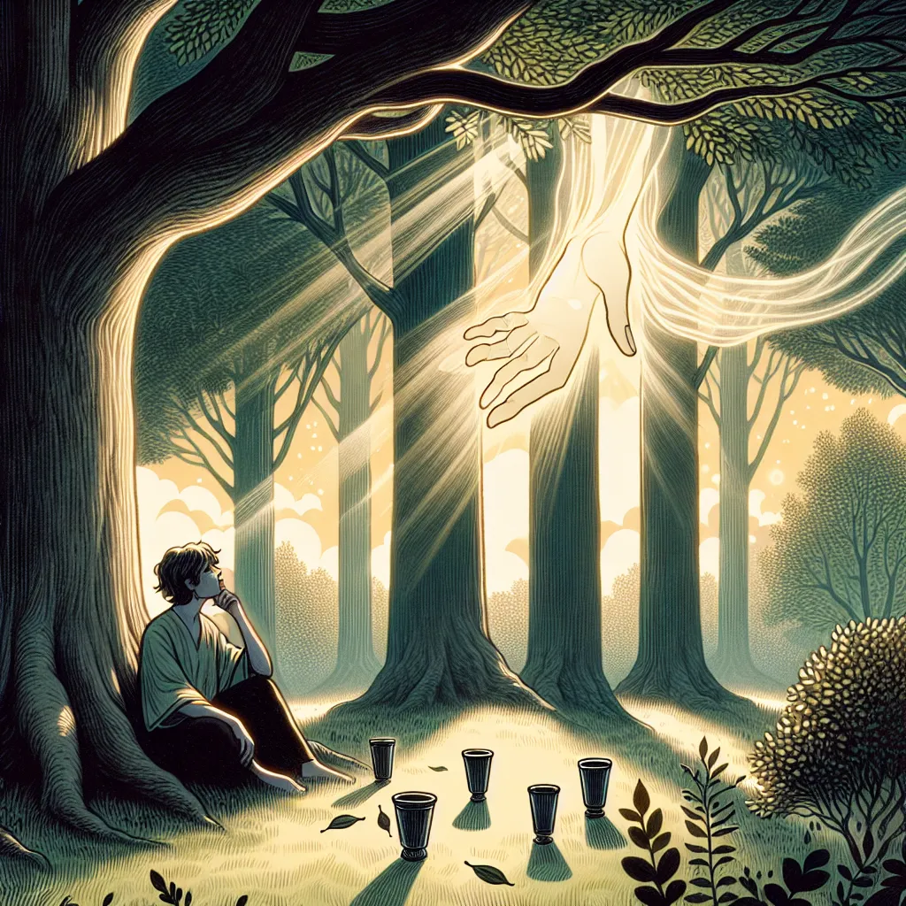 Create an illustration of the Four of Cups tarot card. The scene is set in a serene forest with dappled sunlight filtering through the leaves. A contemplative figure sits beneath a large tree, their eyes gently closed and arms crossed, suggesting introspection. Three cups rest in front of them on the grass, while a fourth cup is offered by a mysterious, ethereal hand emerging from a cloud. The mood is reflective and slightly ethereal, capturing a sense of tranquility and contemplation. In the background, subtle details hint at the beauty of the surrounding nature, enhancing the atmosphere of peaceful solitude.