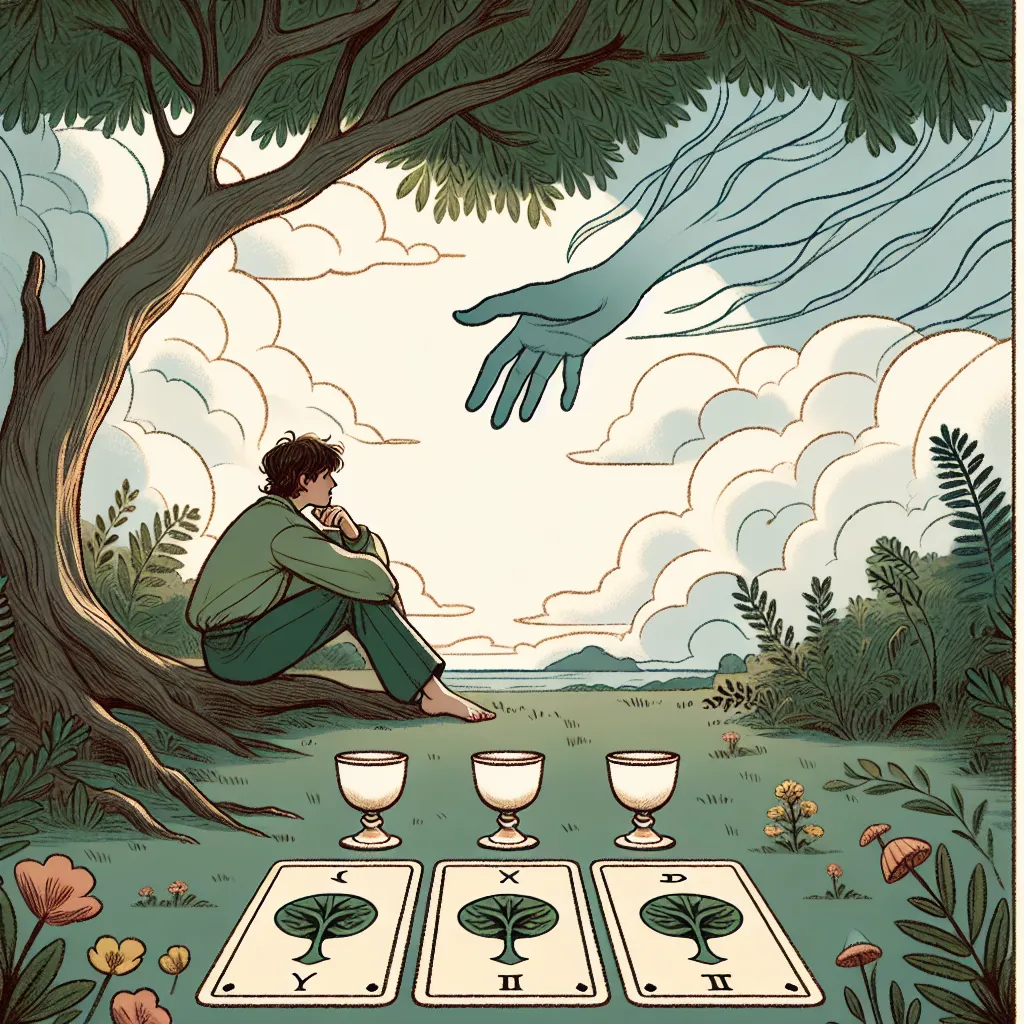 Create an image depicting a classic tarot card-inspired design for the Four of Cups. Illustrate a serene outdoor scene with a solitary figure sitting under a lush tree. The person looks introspective, gazing at three cups placed on the ground before them while a fourth cup is presented by a floating mysterious hand emerging from a cloud. The atmosphere should evoke a sense of contemplation and emotional introspection, with soft, natural colors reflecting a balance between light shadow, suggesting both abundance and reflection.