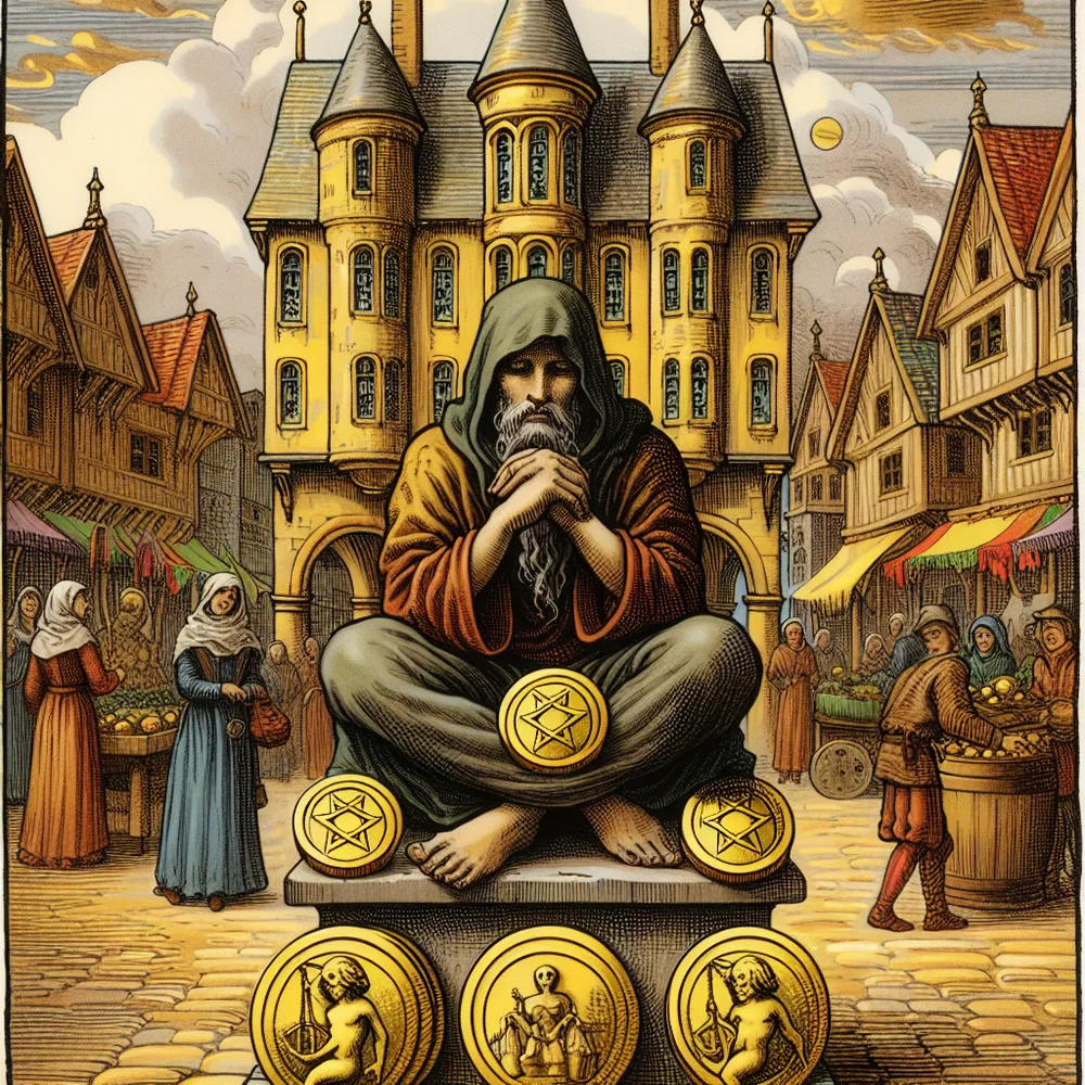 Create an image of a classic tarot card setting featuring the **Four of Pentacles**. Illustrate a figure seated on a stone bench in a bustling medieval town square, clutching four golden coins—one under each foot, one in their hands, and one balancing on their head. Surround the figure with scenes of prosperity yet illustrate their expression as cautious and reserved, symbolizing their attachment to material wealth. The background should feature richly detailed medieval architecture and townsfolk engaged in lively trade, contrasted with the solitude of the central figure.