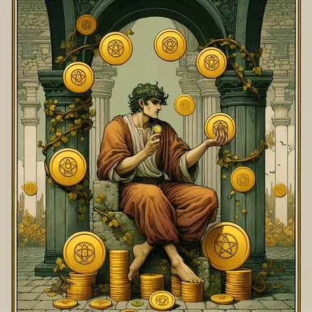 Create a digital illustration of the Four of Pentacles tarot card. The scene is set in an ageless city square with a character of random descent and gender, sitting on a stone bench. This individual is tightly holding a coin, symbolizing control and material possession. Golden pentacles surround the figure, one under each foot, one gripped firmly in their lap, and one positioned above their head. Utilize a warm color palette consisting of gold, deep greens, and earth tones. Add details that subtly suggest abundance and restraint, like lush vines intertwined with the stone architecture, offering a sense of richness and yet limitation. The overall mood should inspire introspection, encouraging the viewer to ponder on the equilibrium between holding on and releasing.