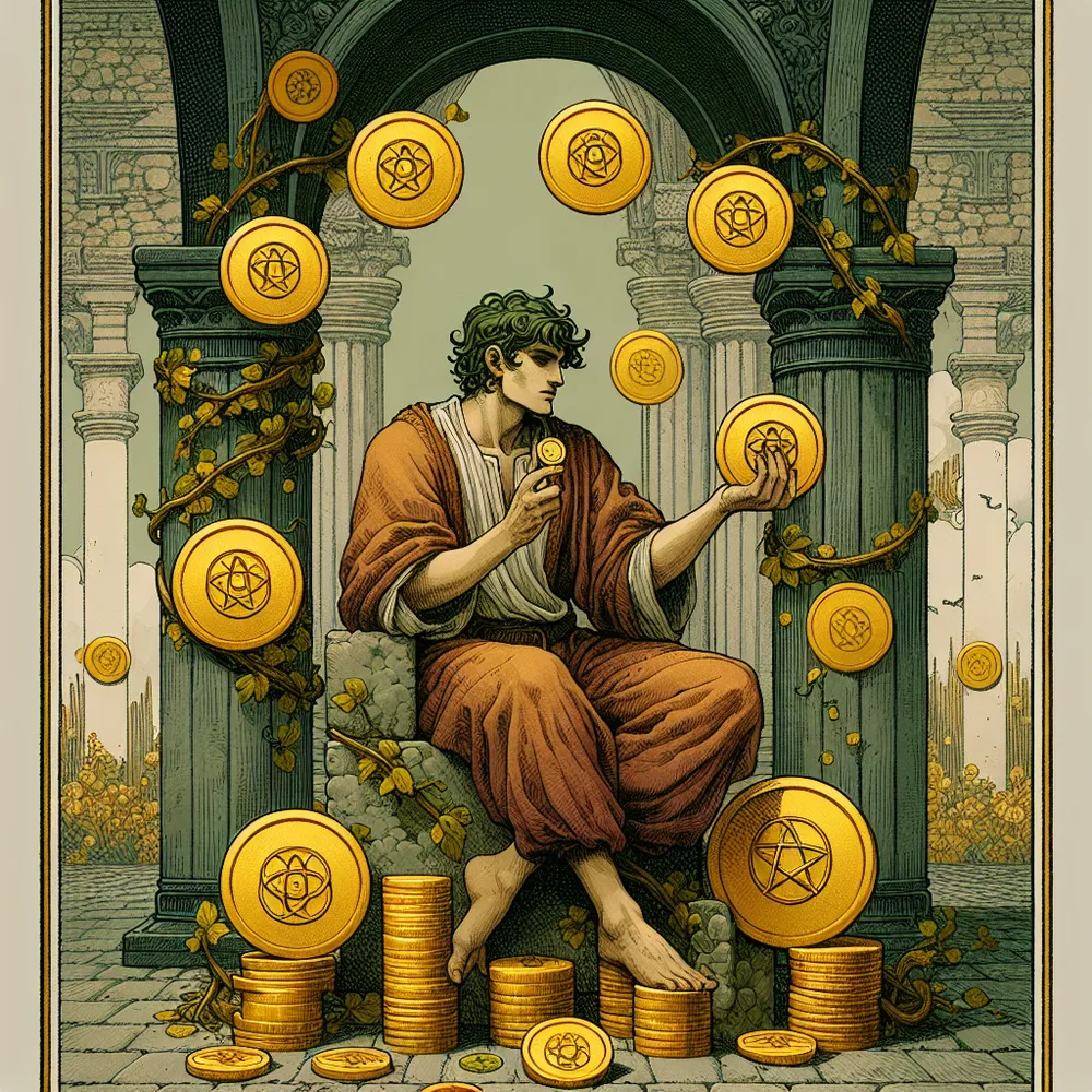 Create a digital illustration of the Four of Pentacles tarot card. The scene is set in an ageless city square with a character of random descent and gender, sitting on a stone bench. This individual is tightly holding a coin, symbolizing control and material possession. Golden pentacles surround the figure, one under each foot, one gripped firmly in their lap, and one positioned above their head. Utilize a warm color palette consisting of gold, deep greens, and earth tones. Add details that subtly suggest abundance and restraint, like lush vines intertwined with the stone architecture, offering a sense of richness and yet limitation. The overall mood should inspire introspection, encouraging the viewer to ponder on the equilibrium between holding on and releasing.